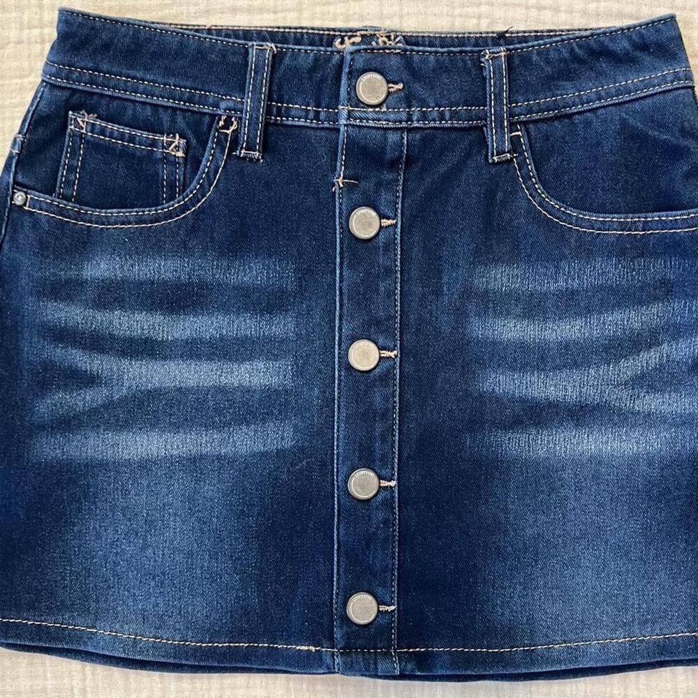 Justice mini dark denim jean skirt with button front (does not open)